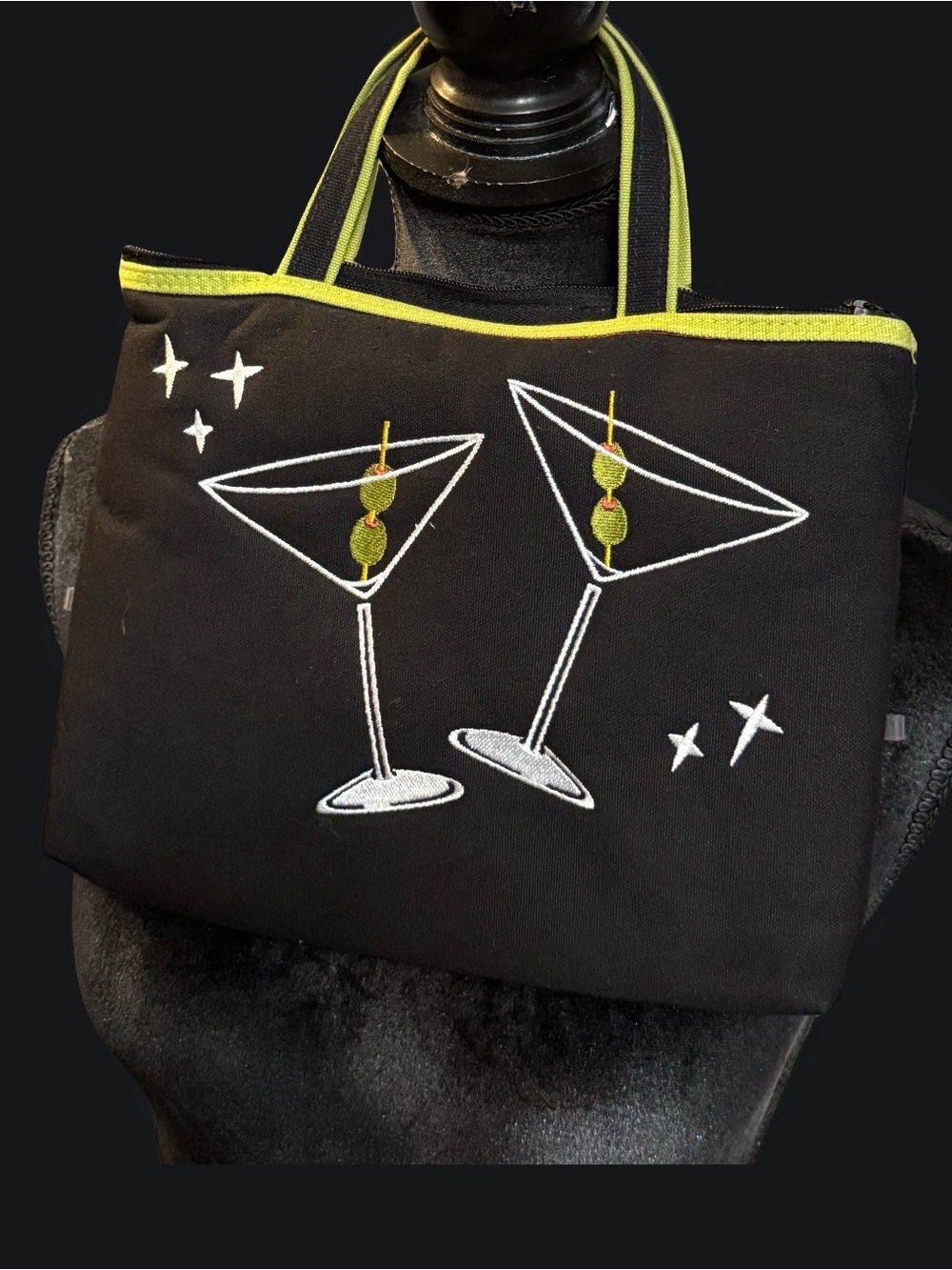 Vintage Black Martini Embroidered Tote Bag - Lime Trim